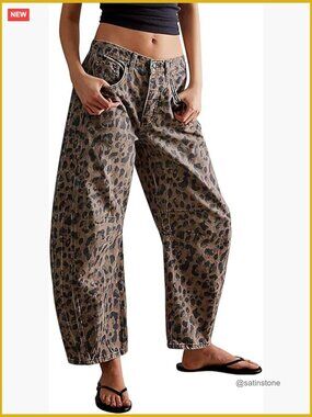 Stretchy Mid Rise Barrel Jeans Vintage Loose Wide Leg Cropped Denim Pants